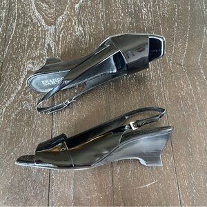 Franco Sarto Wisteria Black‎ Patent Leather Slingback Peep Square Toe Sandals 9M
